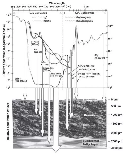 Penetration depth of lasers of different wavelengths